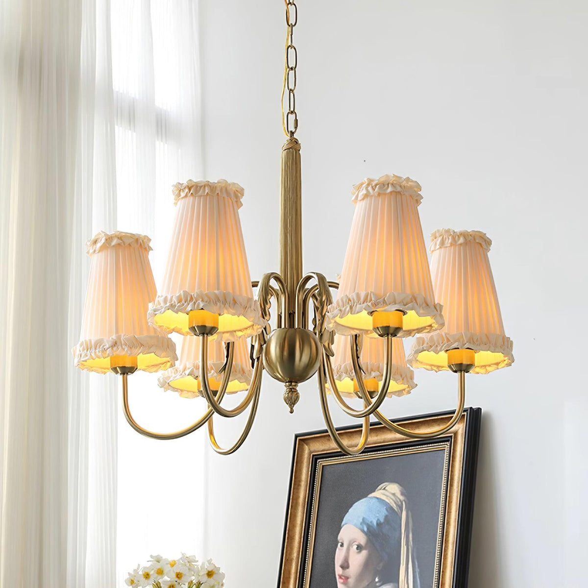 Faylin Vintage Brass Chandelier with Pleated Shades-Neutral Decor