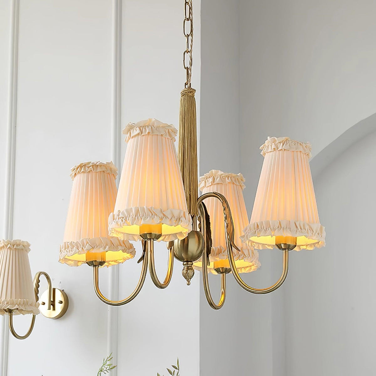 Faylin Vintage Brass Chandelier with Pleated Shades-Neutral Decor