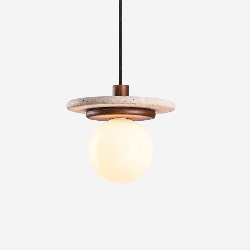 Pendant Lamp Glass Globe Travertine Disc Walnut Wood Natural-Neutral Decor