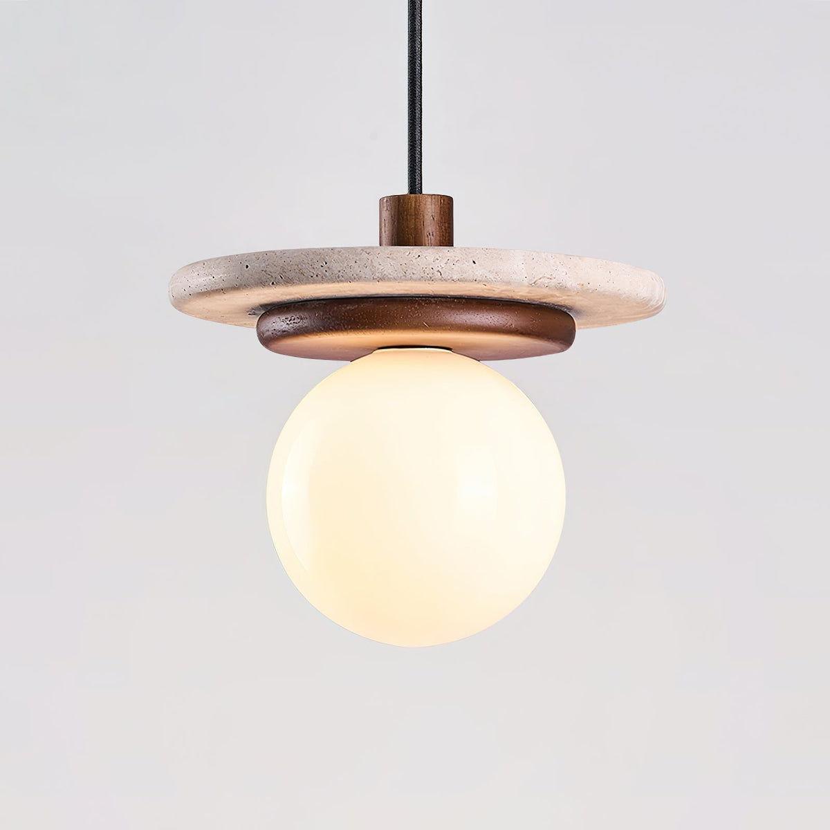 Pendant Lamp Glass Globe Travertine Disc Walnut Wood Natural-Neutral Decor