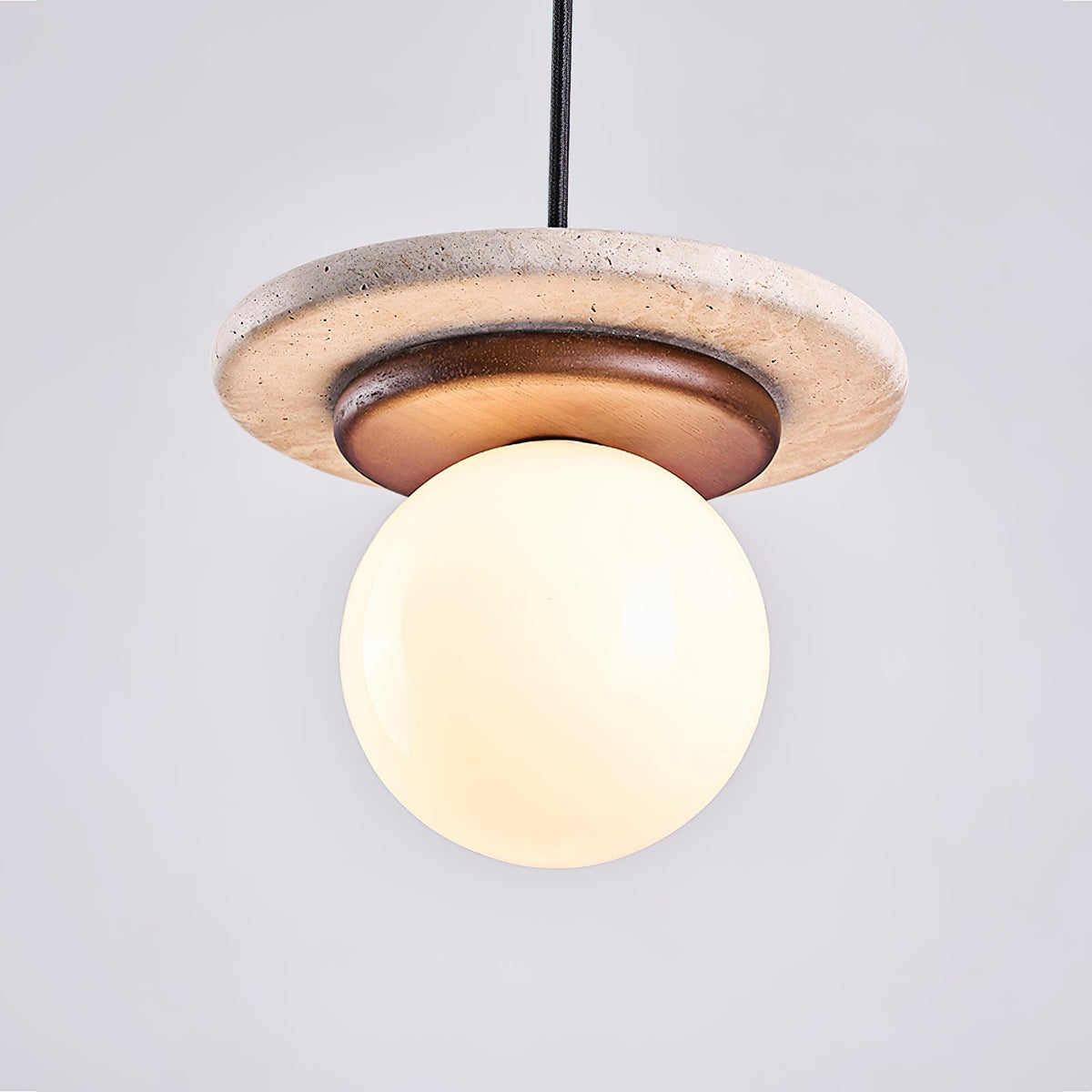 Pendant Lamp Glass Globe Travertine Disc Walnut Wood Natural-Neutral Decor