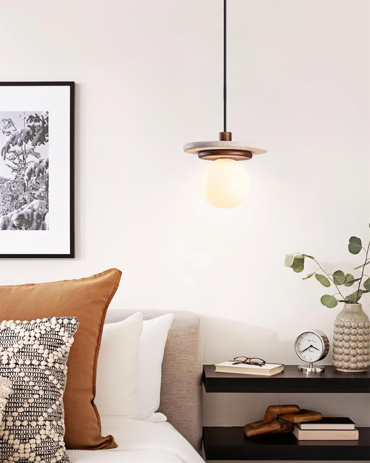 Pendant Lamp Glass Globe Travertine Disc Walnut Wood Natural-Neutral Decor
