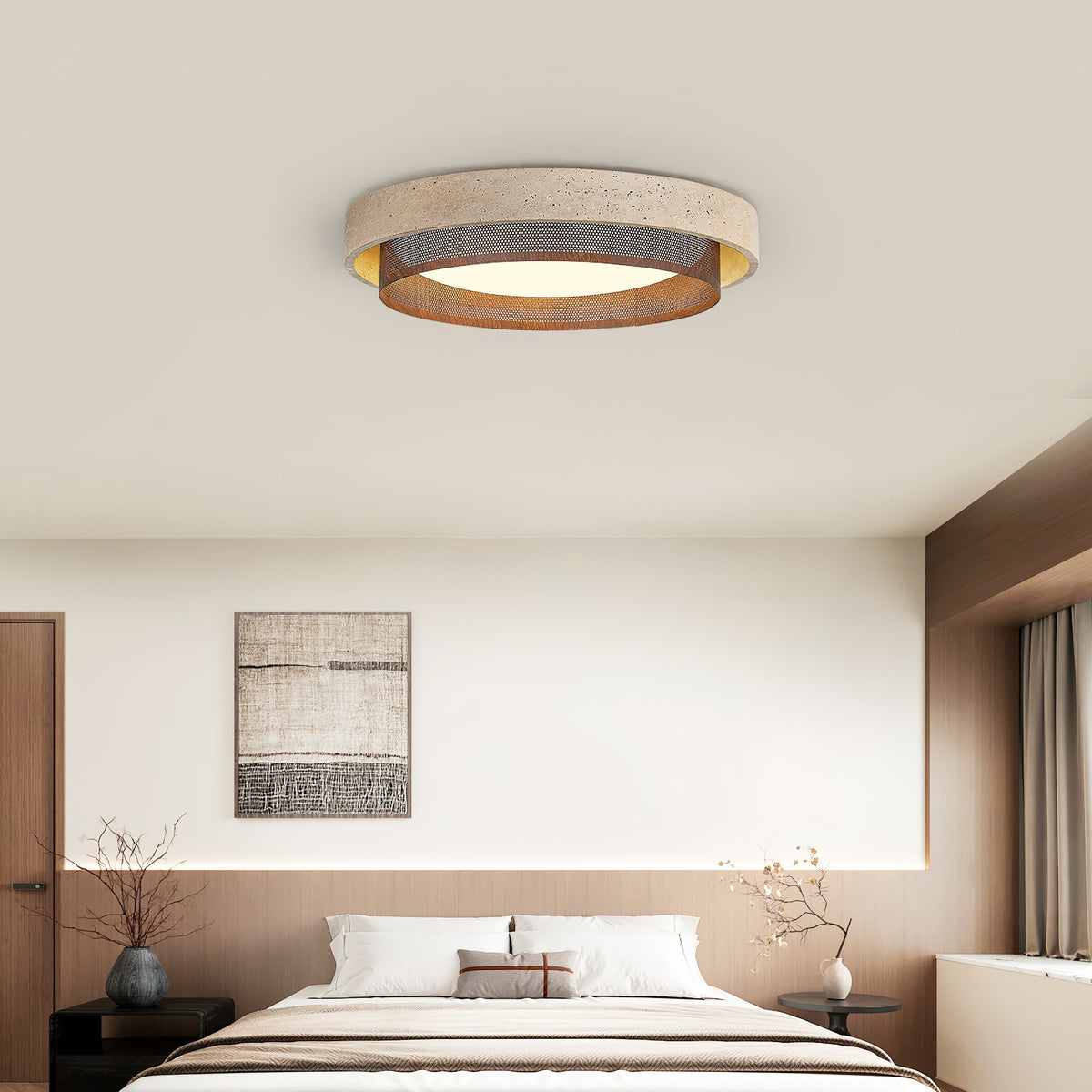 Angled view of the Nolan ceiling light showcasing its travertine and perforated metal band.