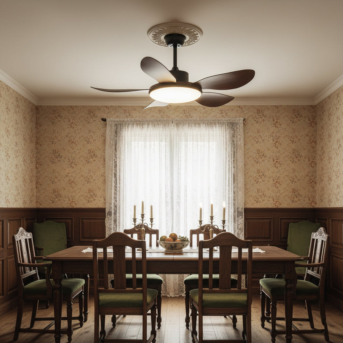 Ovlaim ceiling fan with light installed in a modern living room.