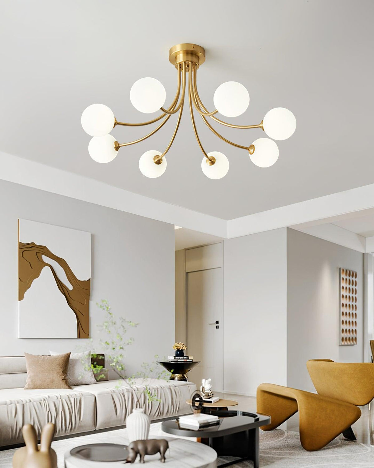 Ceiling Light Brass Branching Arms Opal Globe Shades Modern Elegant-Neutral Decor