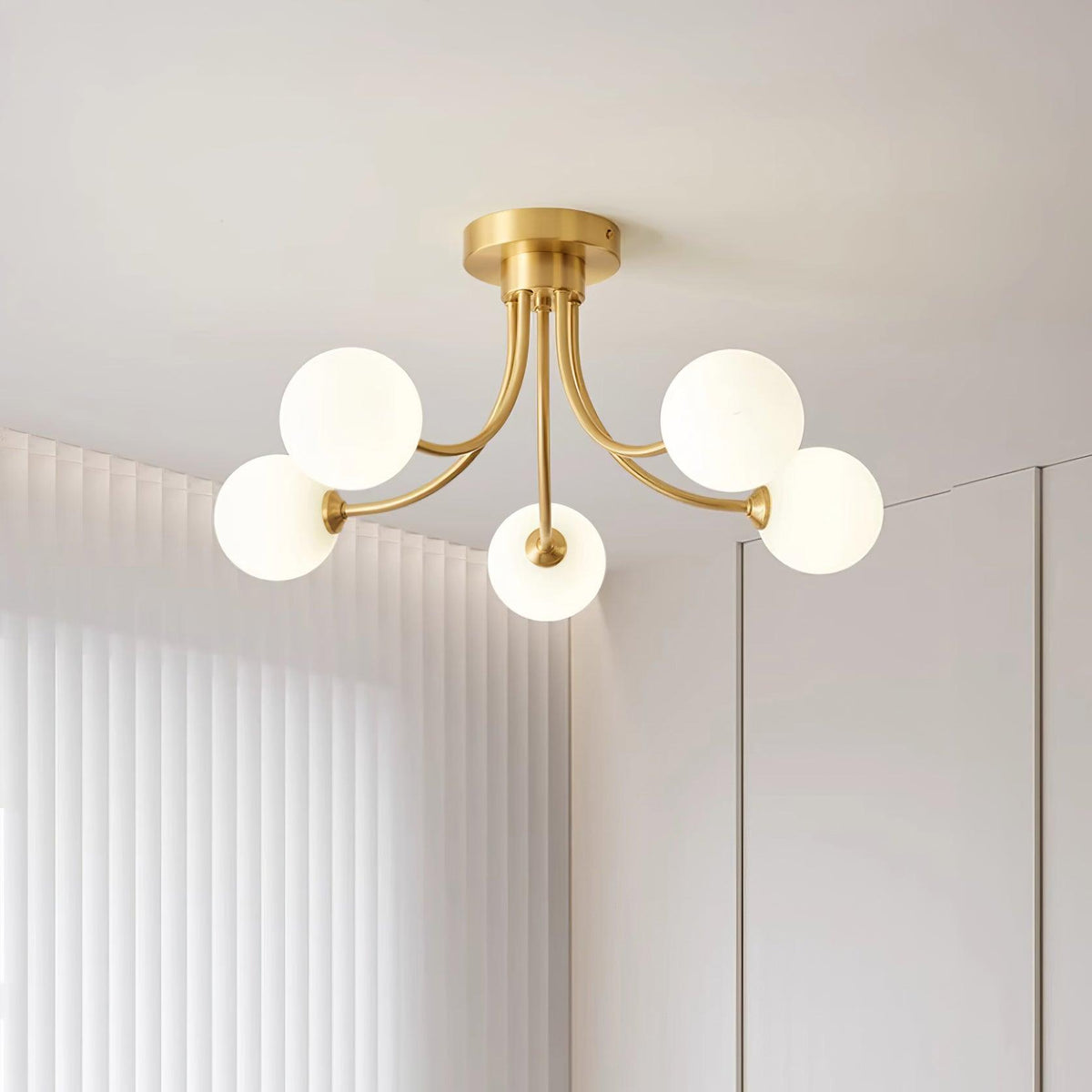 Ceiling Light Brass Branching Arms Opal Globe Shades Modern Elegant-Neutral Decor
