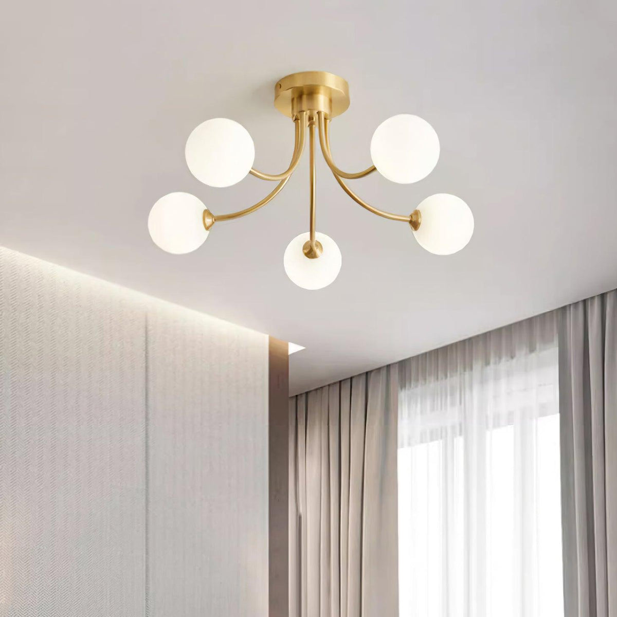 Ceiling Light Brass Branching Arms Opal Globe Shades Modern Elegant-Neutral Decor