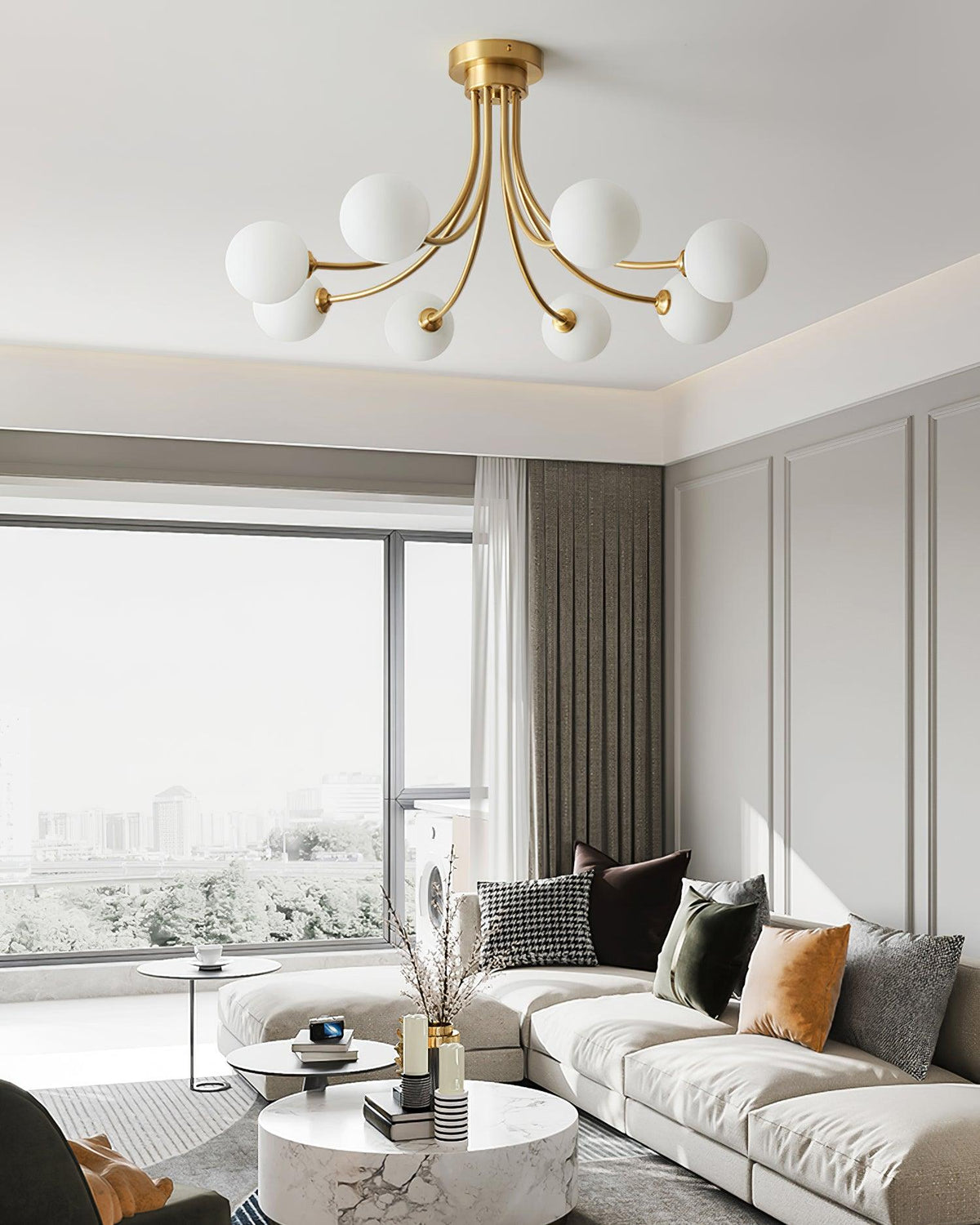 Ceiling Light Brass Branching Arms Opal Globe Shades Modern Elegant-Neutral Decor