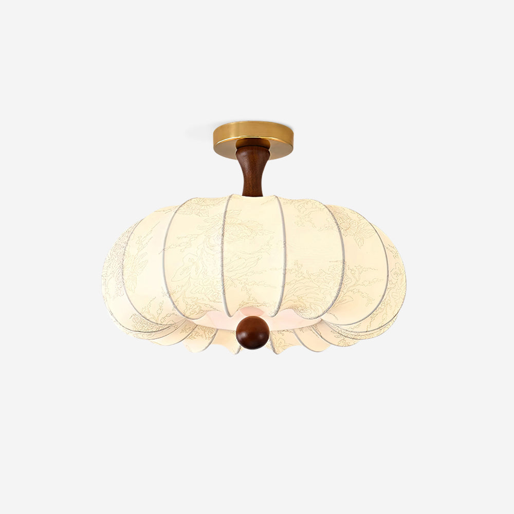 Ceiling Light Scalloped Fabric Shade Walnut Wood Canopy Vintage-Neutral Decor