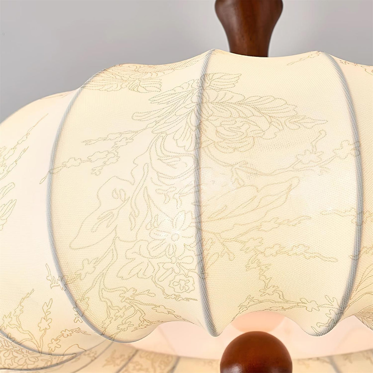 Ceiling Light Scalloped Fabric Shade Walnut Wood Canopy Vintage-Neutral Decor