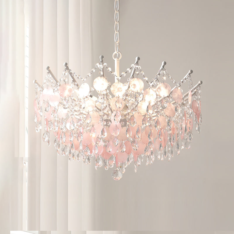 The pink finish option of the Sasha Capiz Bead Chandelier.