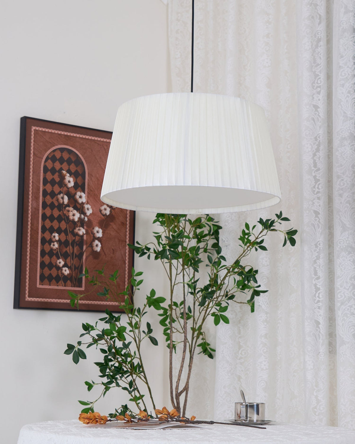 Pendant Light Pleated Fabric Drum-Neutral Decor