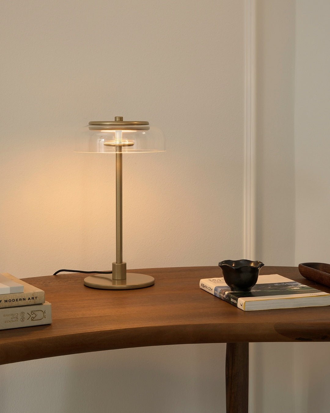 Rinelette Lampe de Table Verre Clair Ombrelle Bois Base