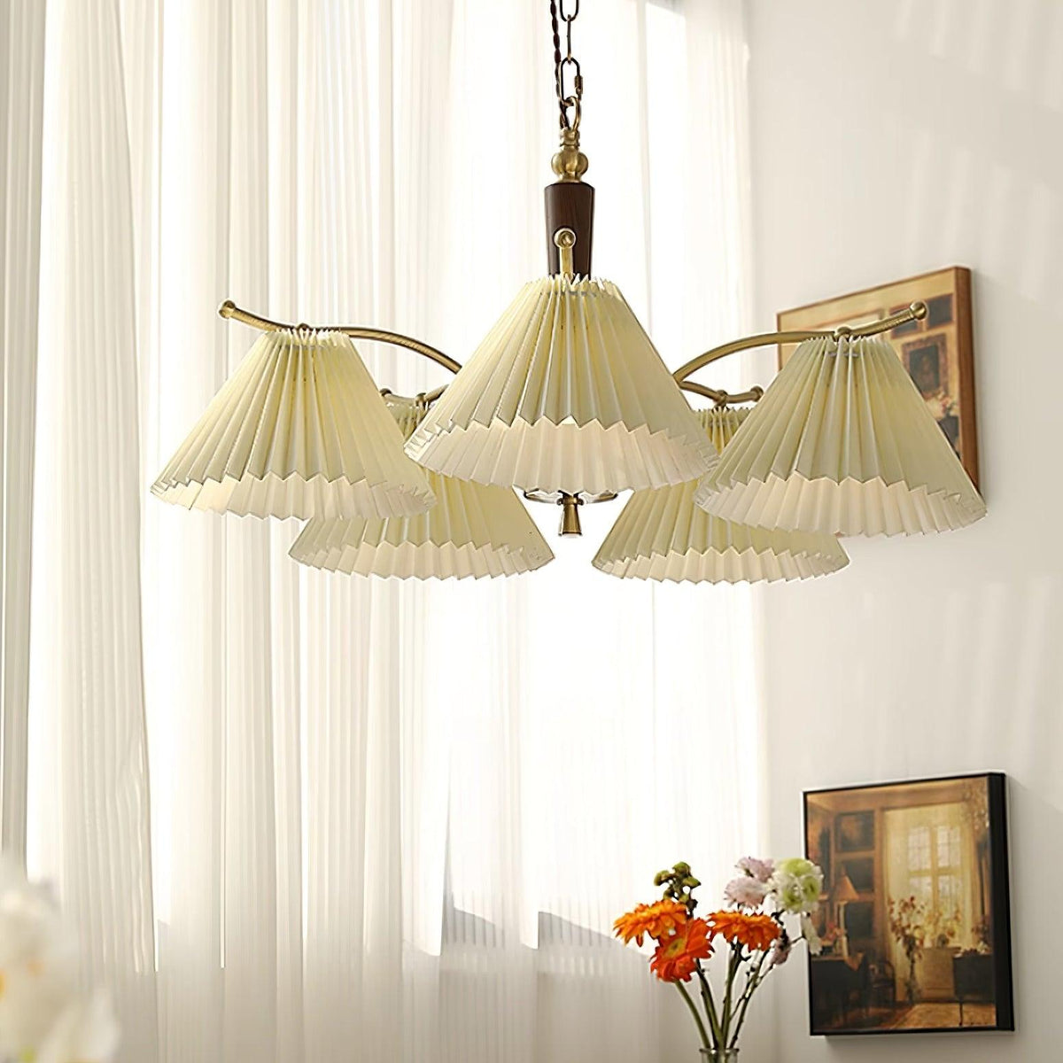 Chandelier Pleated Fabric Shades Walnut Brass Arms Warm Retro-Neutral Decor