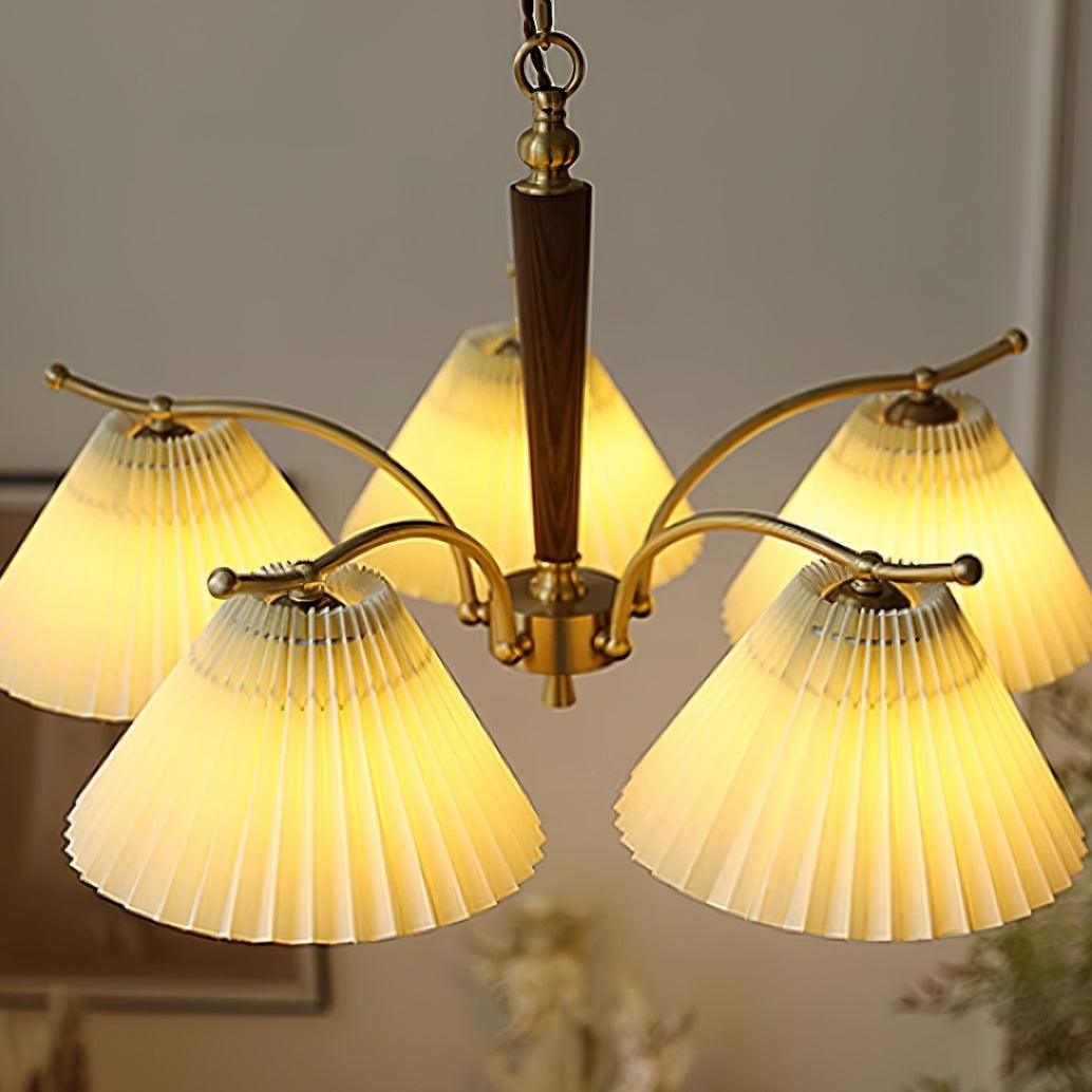 Chandelier Pleated Fabric Shades Walnut Brass Arms Warm Retro-Neutral Decor