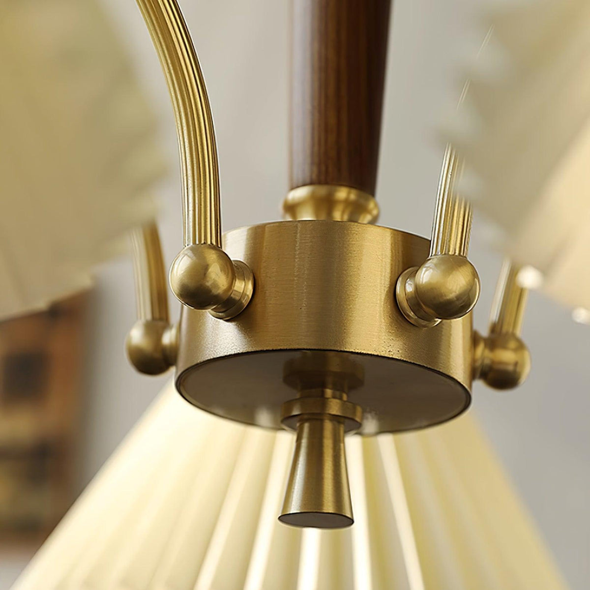 Chandelier Pleated Fabric Shades Walnut Brass Arms Warm Retro-Neutral Decor