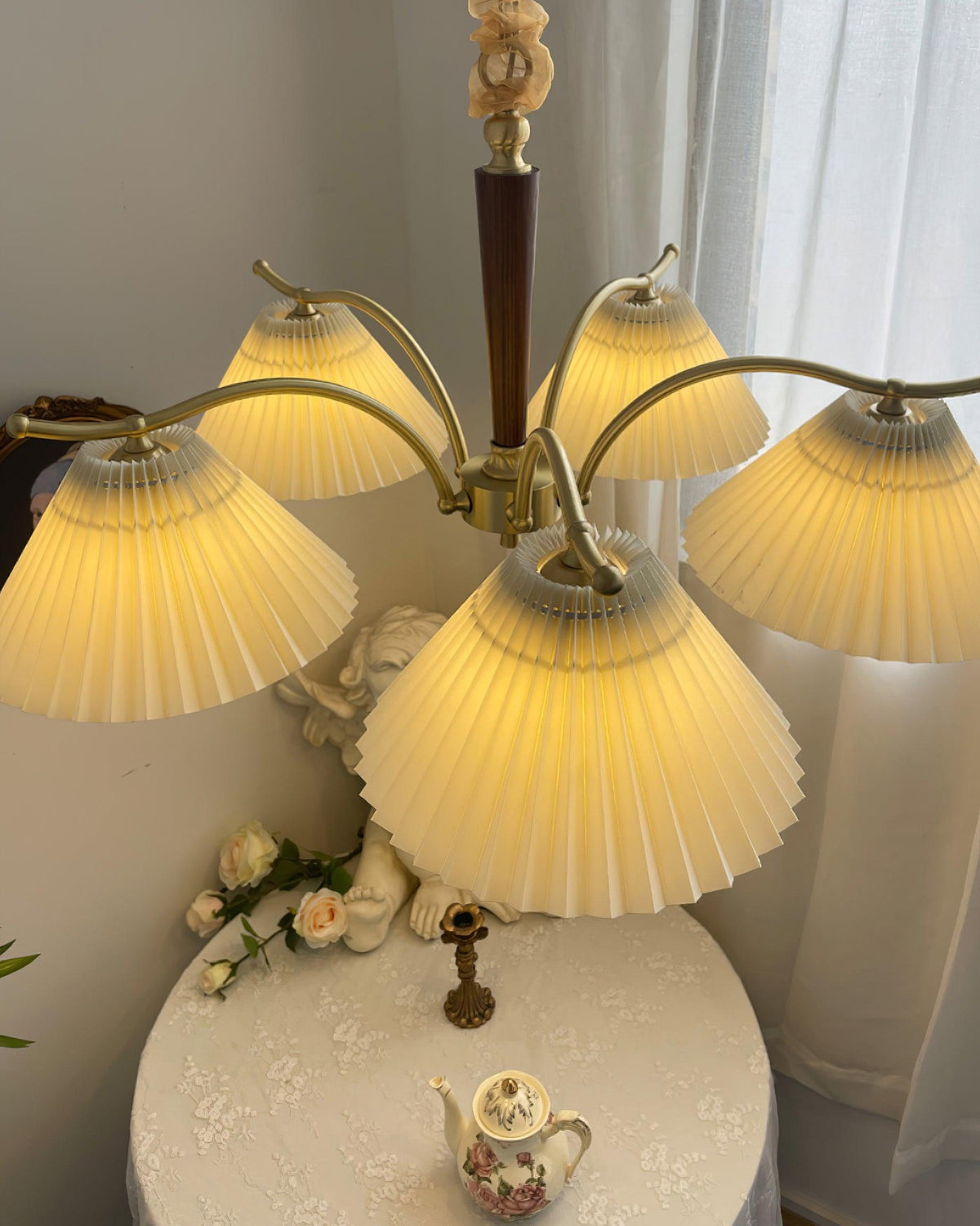 Chandelier Pleated Fabric Shades Walnut Brass Arms Warm Retro-Neutral Decor