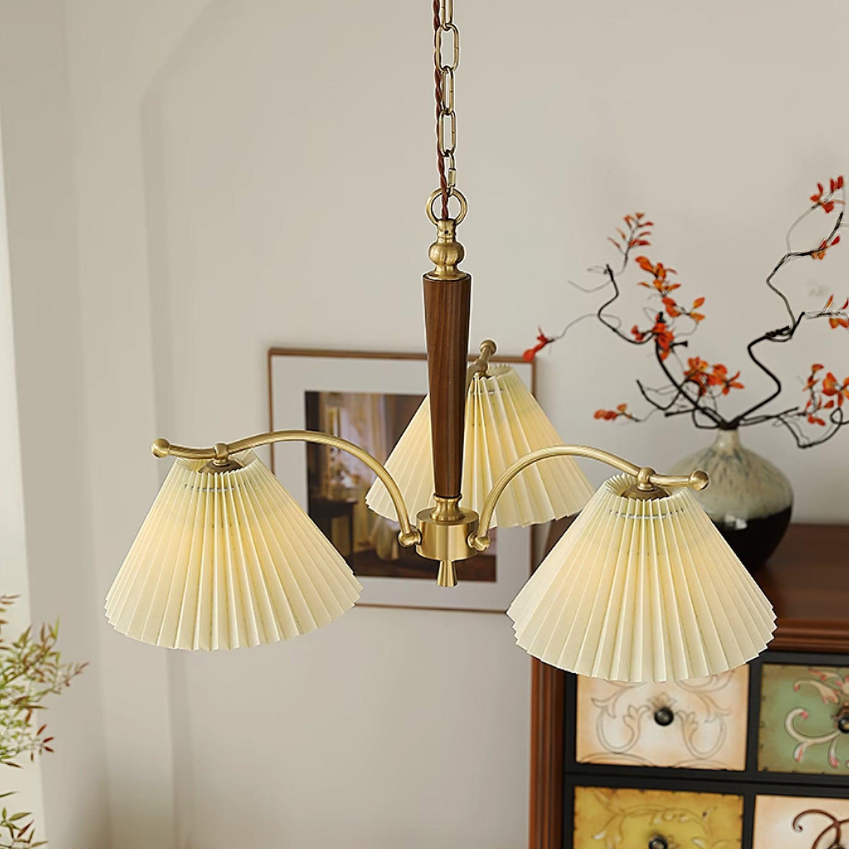 Chandelier Pleated Fabric Shades Walnut Brass Arms Warm Retro-Neutral Decor
