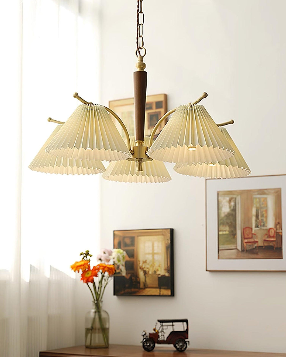 Chandelier Pleated Fabric Shades Walnut Brass Arms Warm Retro-Neutral Decor