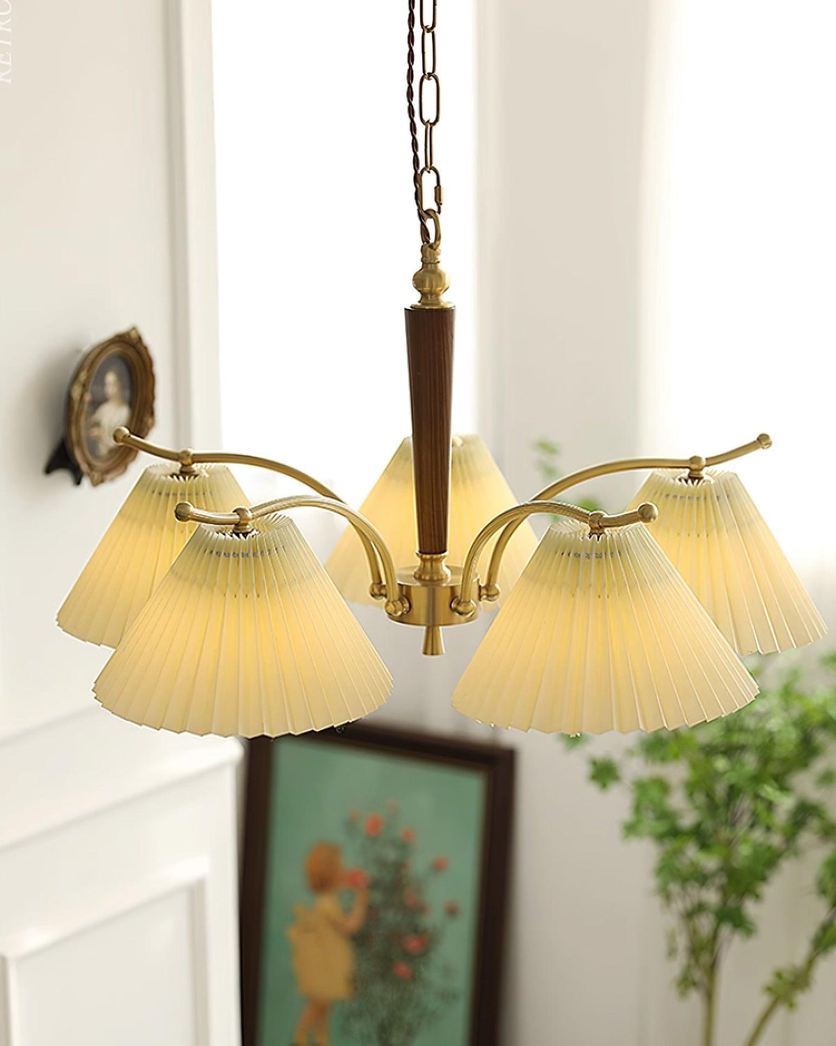 Chandelier Pleated Fabric Shades Walnut Brass Arms Warm Retro-Neutral Decor