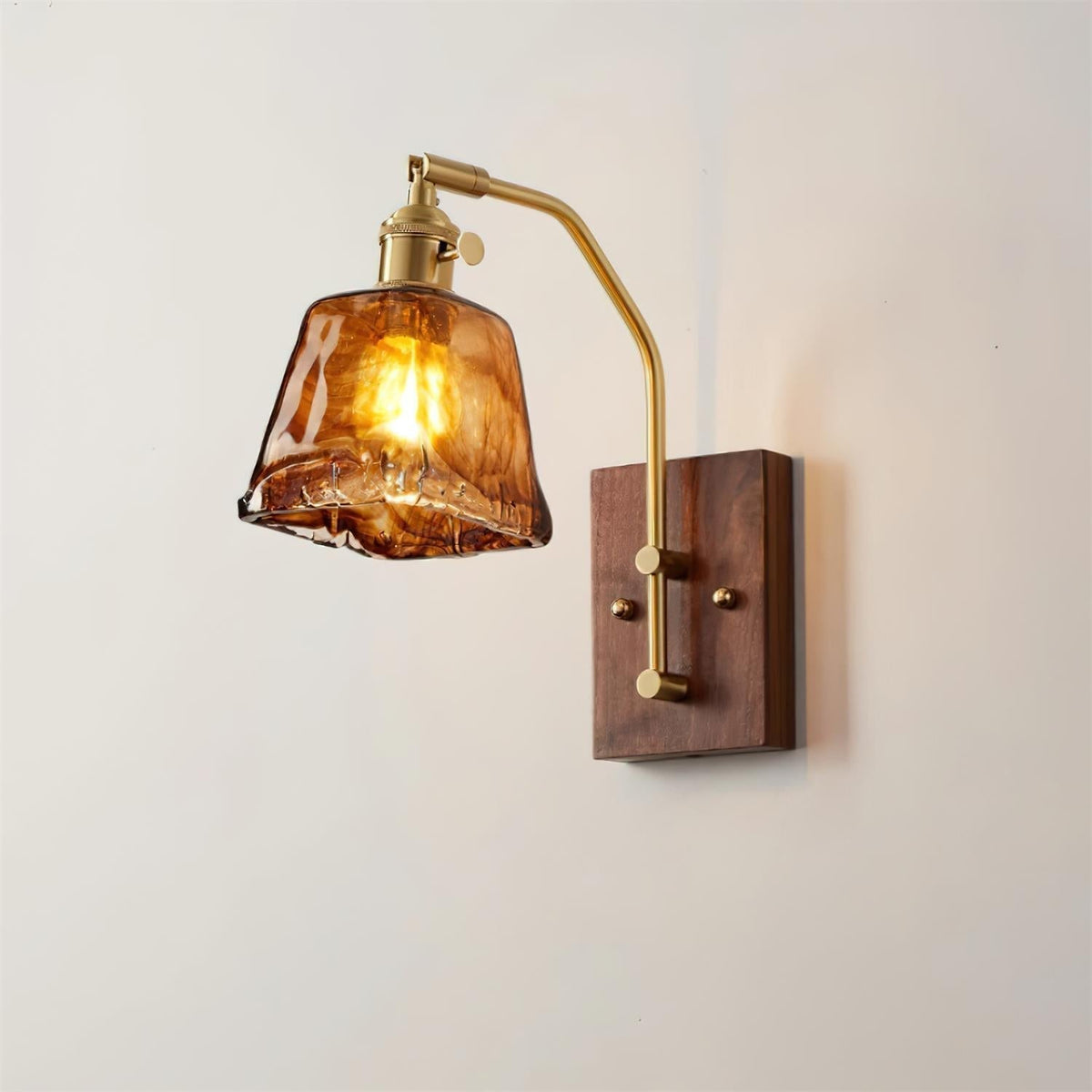 Wall Lamp Brass and Glass with Wood Backplate Vintage Artisan-Neutral Decor
