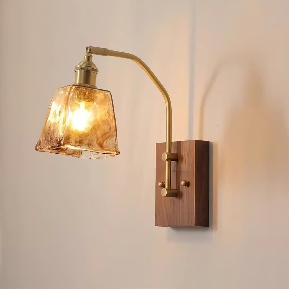 Wall Lamp Brass and Glass with Wood Backplate Vintage Artisan-Neutral Decor