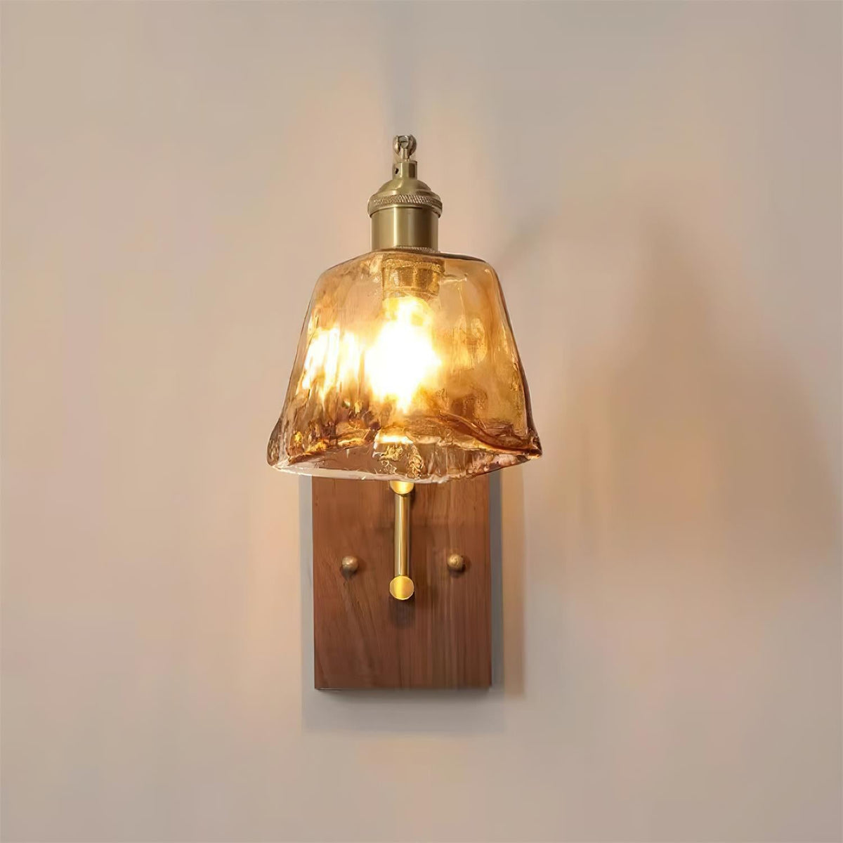 Wall Lamp Brass and Glass with Wood Backplate Vintage Artisan-Neutral Decor