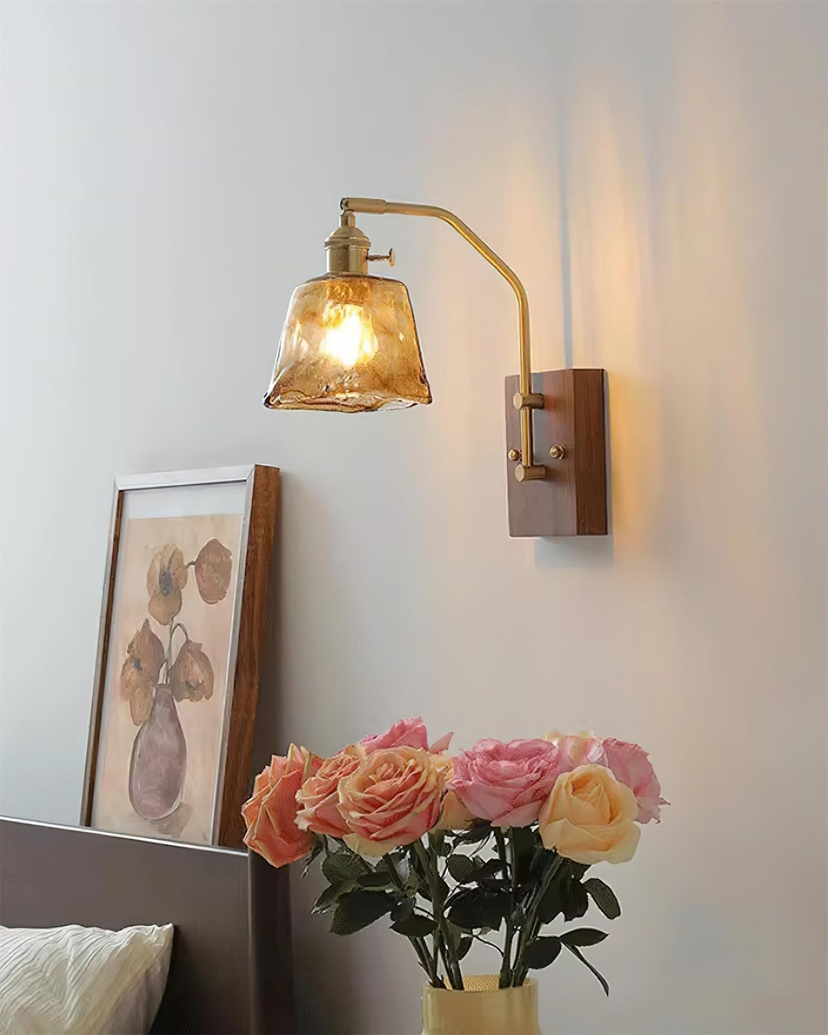 Wall Lamp Brass and Glass with Wood Backplate Vintage Artisan-Neutral Decor