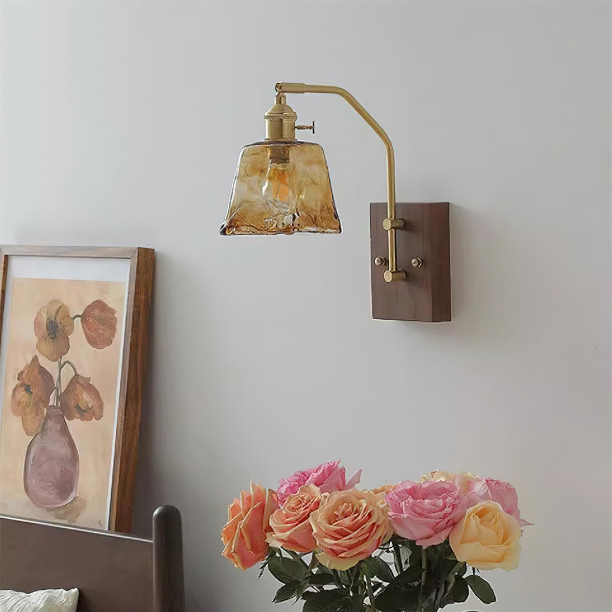 Wall Lamp Brass and Glass with Wood Backplate Vintage Artisan-Neutral Decor
