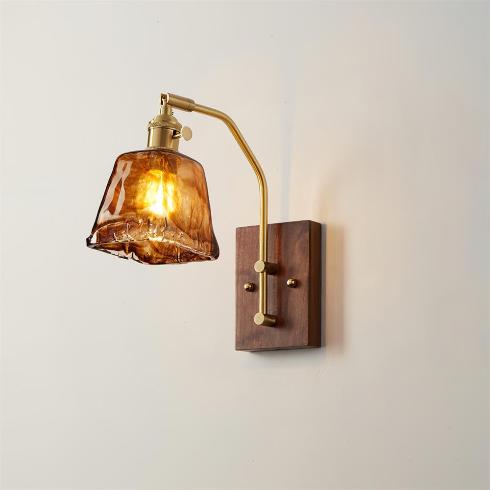 Wall Lamp Brass and Glass with Wood Backplate Vintage Artisan-Neutral Decor