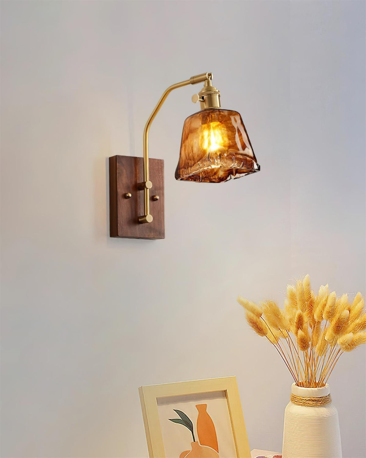 Wall Lamp Brass and Glass with Wood Backplate Vintage Artisan-Neutral Decor