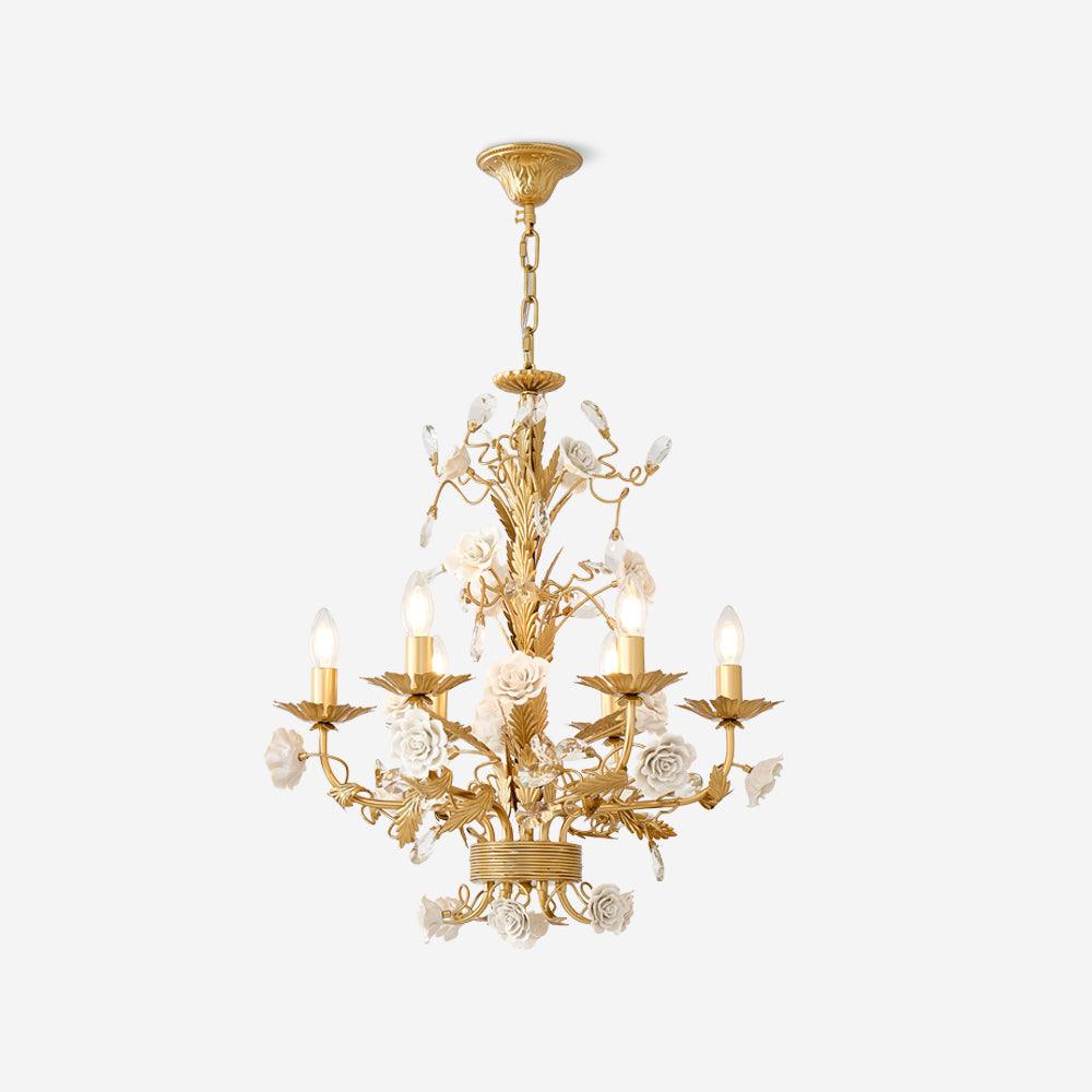 Chandelier Ornate Metal Frame Porcelain Roses Crystal Classic Luxury-Neutral Decor