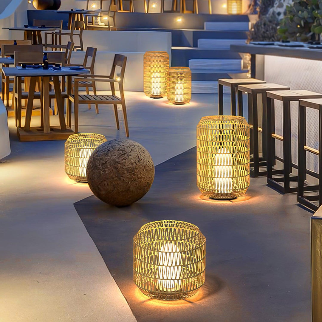 Angled view of the bohemian-style rattan outdoor lamp.