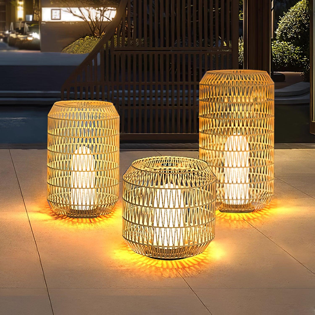 Woven rattan lamp styled on a modern outdoor deck.