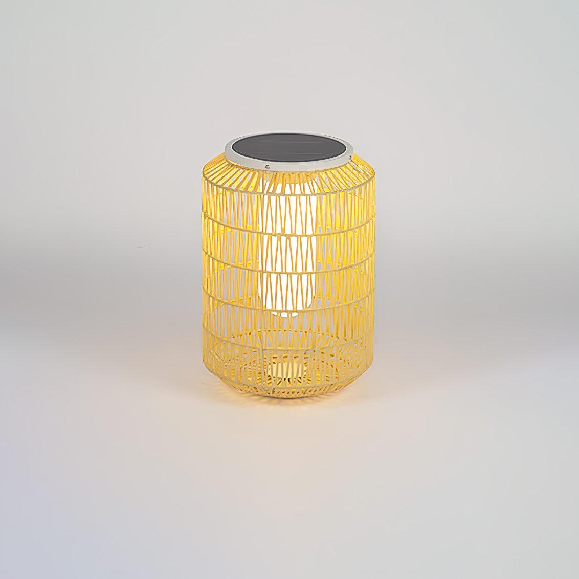Close-up of the intricate rattan weave on the outdoor lamp shade.