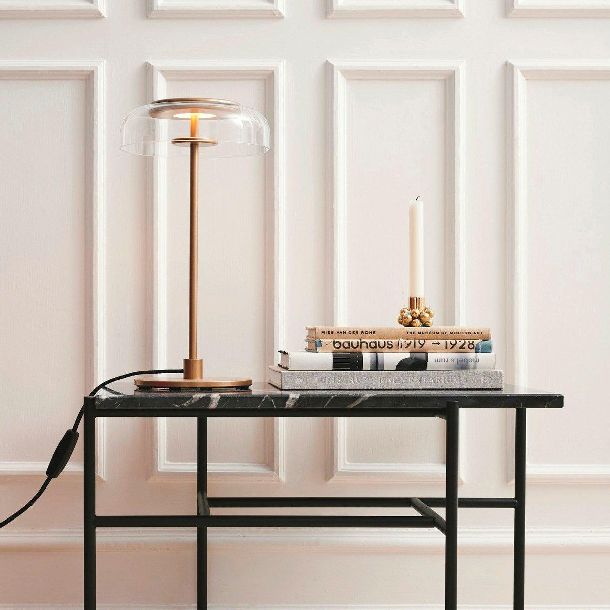 Rinelette Lampe de Table Verre Clair Ombrelle Bois Base