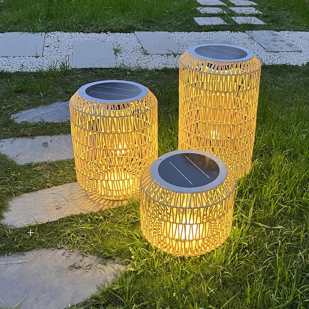 Close-up of the handwoven texture of the rattan lamp.