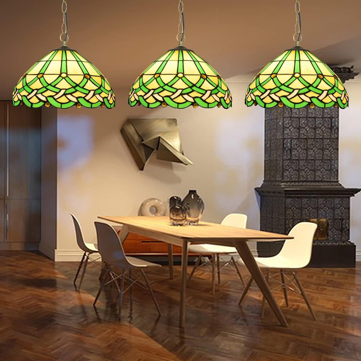 Tiffany Vintage Ligne Gemmes Cône Suspension Verre Métal Salon