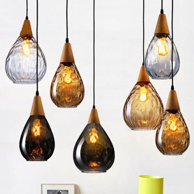 Salen Vintage LED Suspension Ambre Verre Bois Chambre à coucher-Cielum