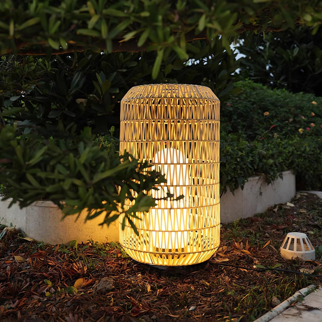 Side view of the woven rattan outdoor lamp.