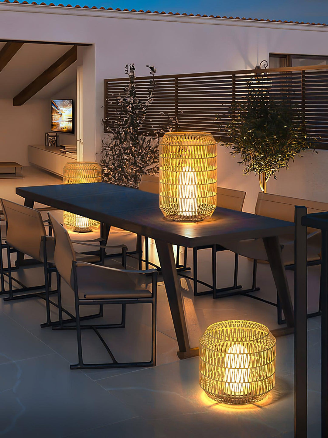 Woven rattan outdoor lamp in a different size option.