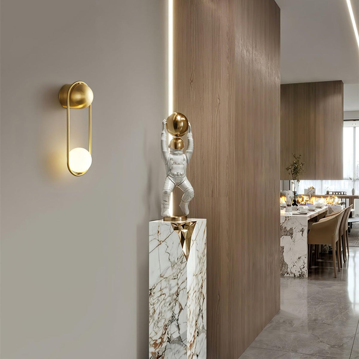 Wall Lamp with Brass Loop Frame and Glass Globe-Neutral Decor