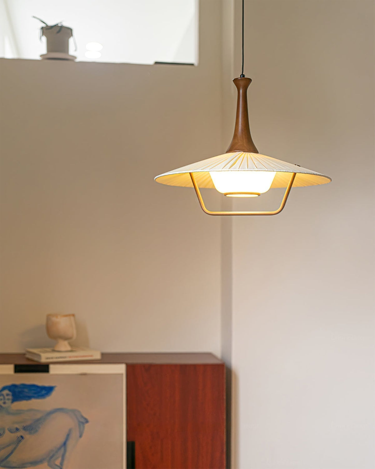 Vionne Mid-Century Wood and White Pendant Lamp-Neutral Decor