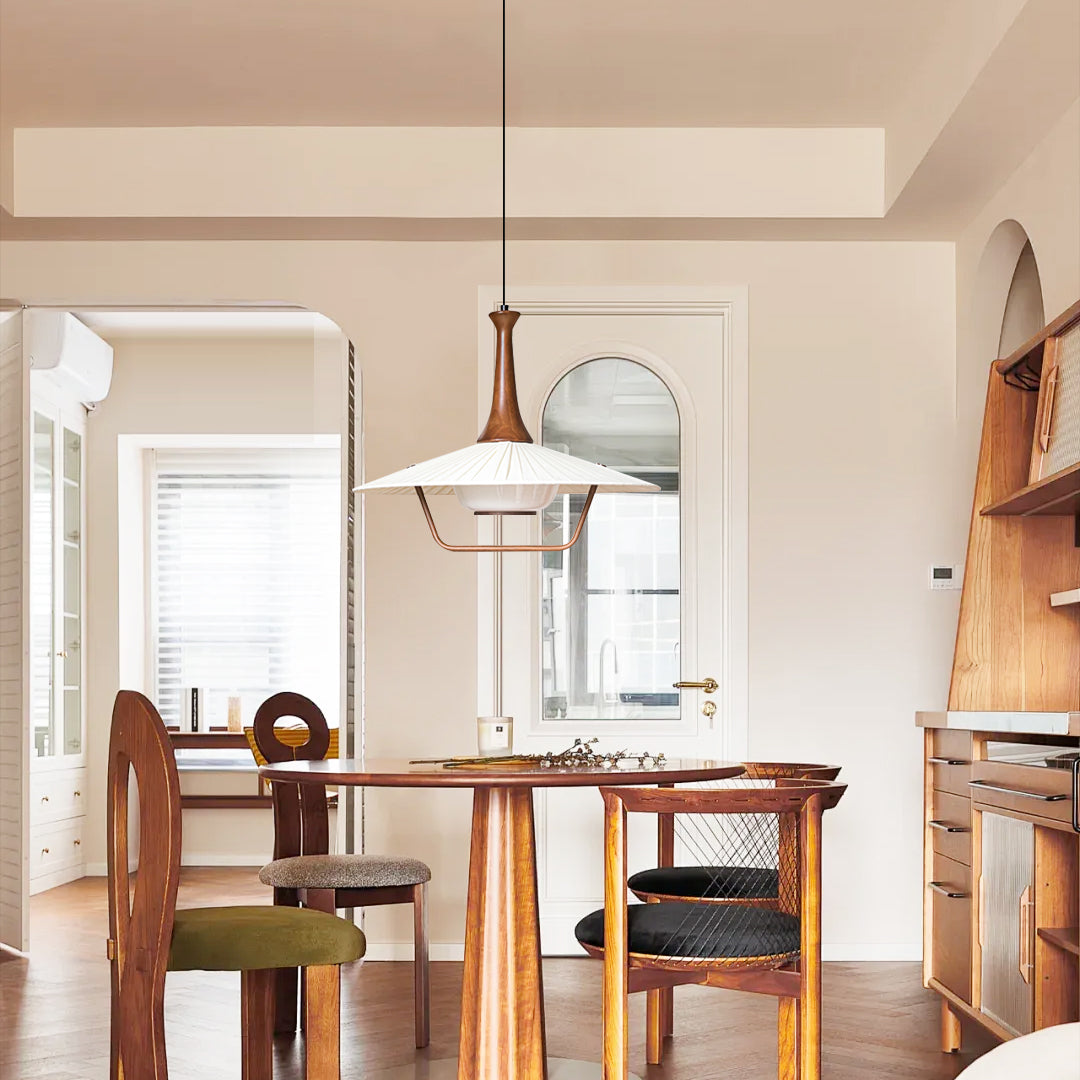 Vionne Mid-Century Wood and White Pendant Lamp-Neutral Decor