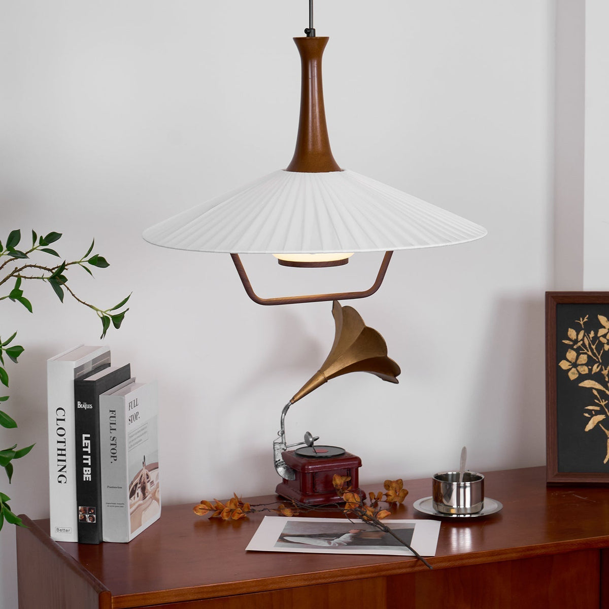 Vionne Mid-Century Wood and White Pendant Lamp-Neutral Decor