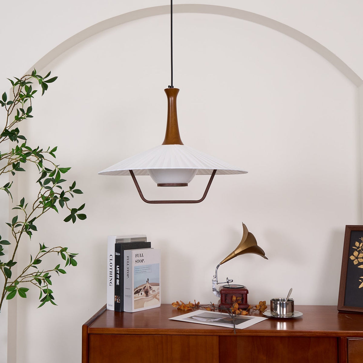 Vionne Mid-Century Wood and White Pendant Lamp-Neutral Decor