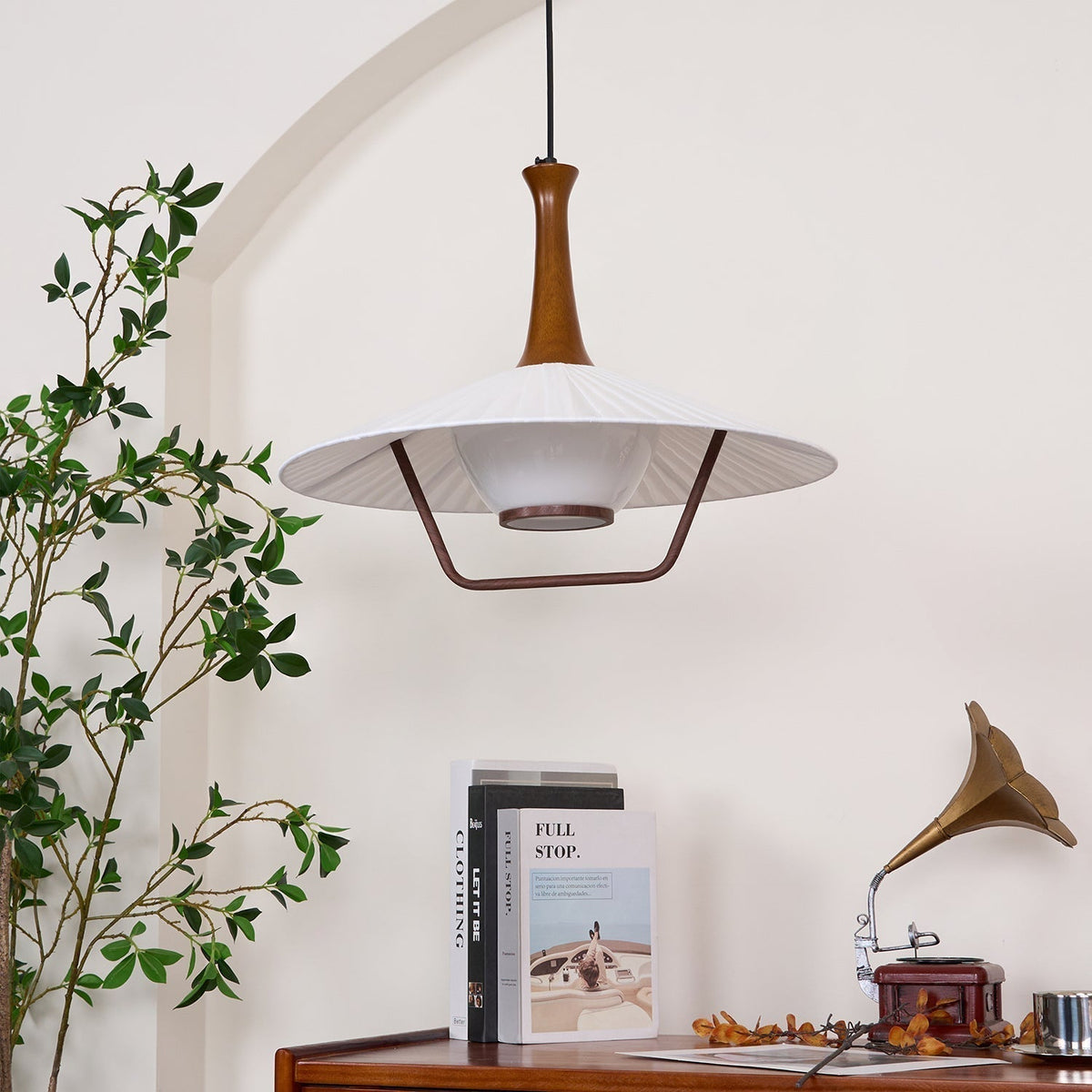 Vionne Mid-Century Wood and White Pendant Lamp-Neutral Decor
