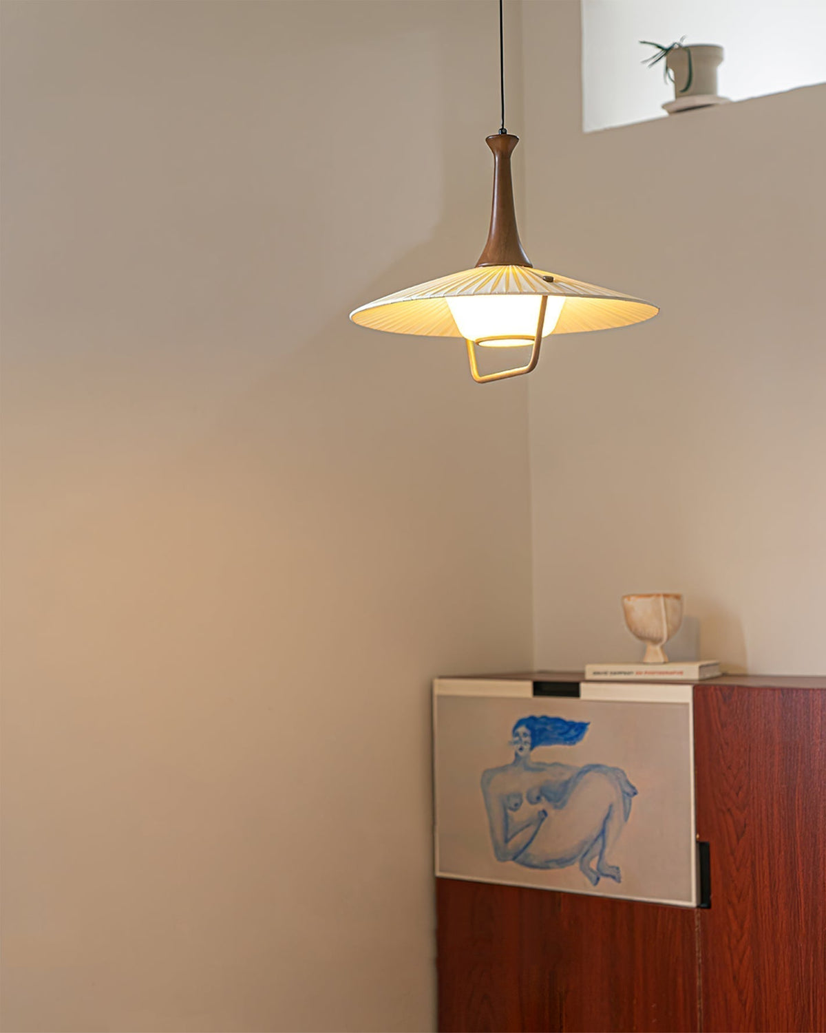 Vionne Mid-Century Wood and White Pendant Lamp-Neutral Decor