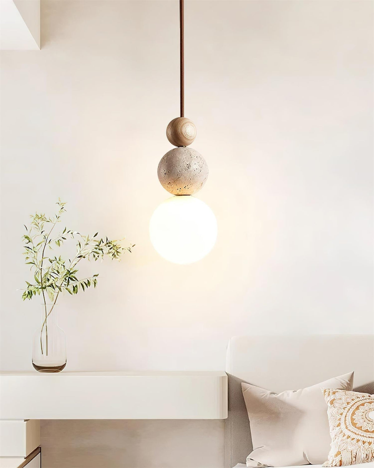 Giona Pendant Lamp Globe Travertine Wood Neutral-Neutral Decor