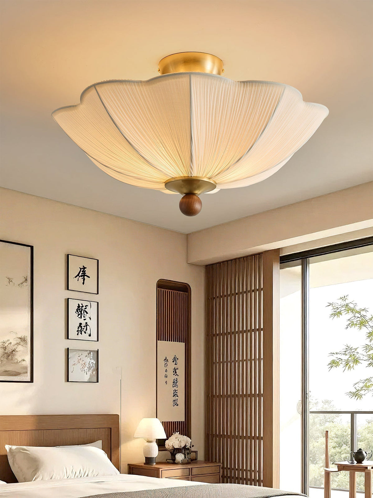 View of the ceiling light from below, highlighting the sunburst design.